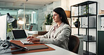 Tablet, woman or typing with computer in business office, research market trends or edit investment proposal. Review, client account or finance analyst with tech for planning, bokeh or asset strategy