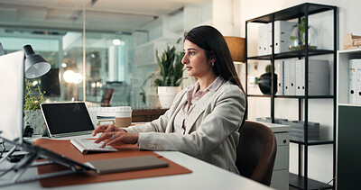 Buy stock photo Tablet, woman or typing with computer in business office, research market trends or edit investment proposal. Review, client account or finance analyst with tech for planning, bokeh or asset strategy