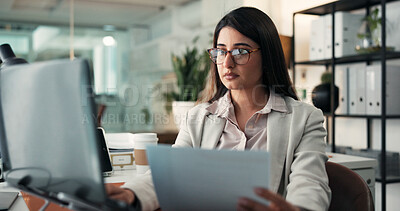 Buy stock photo Paperwork, woman or reading with computer in office, research market trends or check investment proposal. Review, client account or finance analyst with tech for planning, portfolio or asset strategy