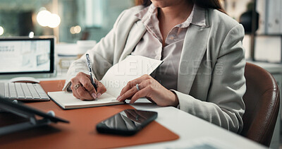 Buy stock photo Notebook, writing and hands of businesswoman in office with research for agenda or reminder. Plan, schedule and female financial advisor with diary for calendar with corporate targets in workplace.