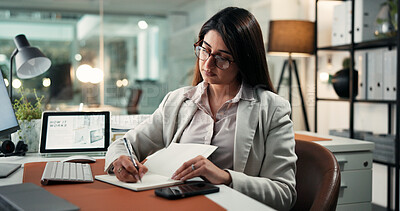 Buy stock photo Notebook, writing and businesswoman in office with research for finance agenda or reminder. Plan, schedule and female financial advisor with diary for calendar with corporate targets in workplace.