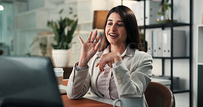 Buy stock photo Woman, video call and wave with laptop at startup, smile and contact for virtual meeting at media company. Person, journalist and happy with computer, hello or online interview for story at agency