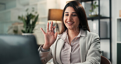 Buy stock photo Woman, video call and wave with laptop at office, smile and contact for virtual meeting at media company. Person, journalist and happy with computer, hello or online interview for story at startup