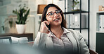Phone call, thinking and business woman in office for computer, negotiation and discussion. Financial advisor, consulting and person on technology for agency, networking or accounting with ideas