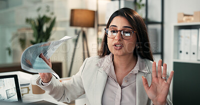 Buy stock photo Woman, video call and documents with stress, laptop or stop virtual meeting for company growth at startup. Person, business advisor and consultation with computer, frustrated or paperwork at agency