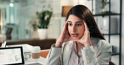 Buy stock photo Stress, crisis and business woman in office for account mistake, overworked and brain fog at night. Stock market crash, frustrated and broker deadline with person in finance agency for burnout