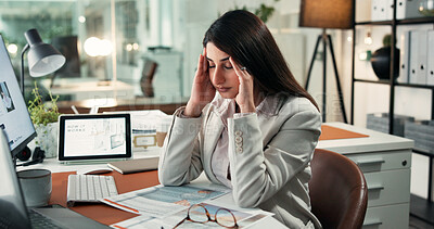 Buy stock photo Headache, computer and business woman in office for account mistake, overworked and brain fog at night. Bokeh, frustrated and broker deadline with person in finance agency for burnout and stress