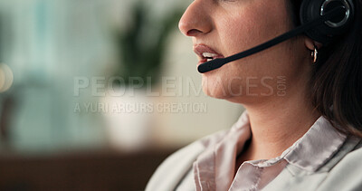 Buy stock photo Headset, communication and mouth of businesswoman in office for secretary, crm or contact us online. Mic, technology and corporate receptionist with consultation with client for appointment booking.