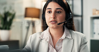 Buy stock photo Headset, communication and businesswoman in office for secretary, crm or contact us online. Mic, technology and female corporate receptionist with consultation with client for appointment booking.