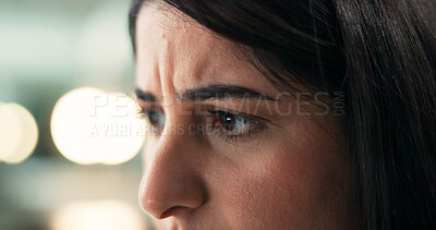 Buy stock photo Reading, eyes and confused business woman with error, fraud risk or think with face closeup. Vision, person and serious worker in office with scam email, stress or financial mistake with bokeh