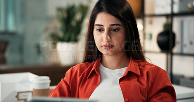 Buy stock photo Reading, laptop and research with business woman in office for campaign project, planning and update. Branding report, online feedback and email marketing with person in agency for proposal review