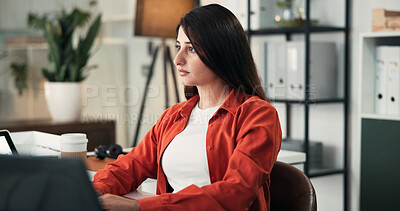 Buy stock photo Reading, laptop and planning with business woman in office for campaign project, research and update. Branding report, online feedback and email marketing with person in agency for proposal review