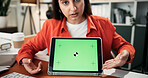 Video call, green screen and tablet with business woman in office for presentation, webinar or discussion. Project update, speaker or online meeting with person in agency for proposal pov and mockup