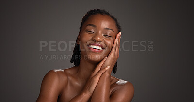 Buy stock photo Skincare, happy and black woman in studio with space for natural, wellness and facial glow. Smile, cosmetic and African person with dermatology for health, hydration or collagen by gray background.