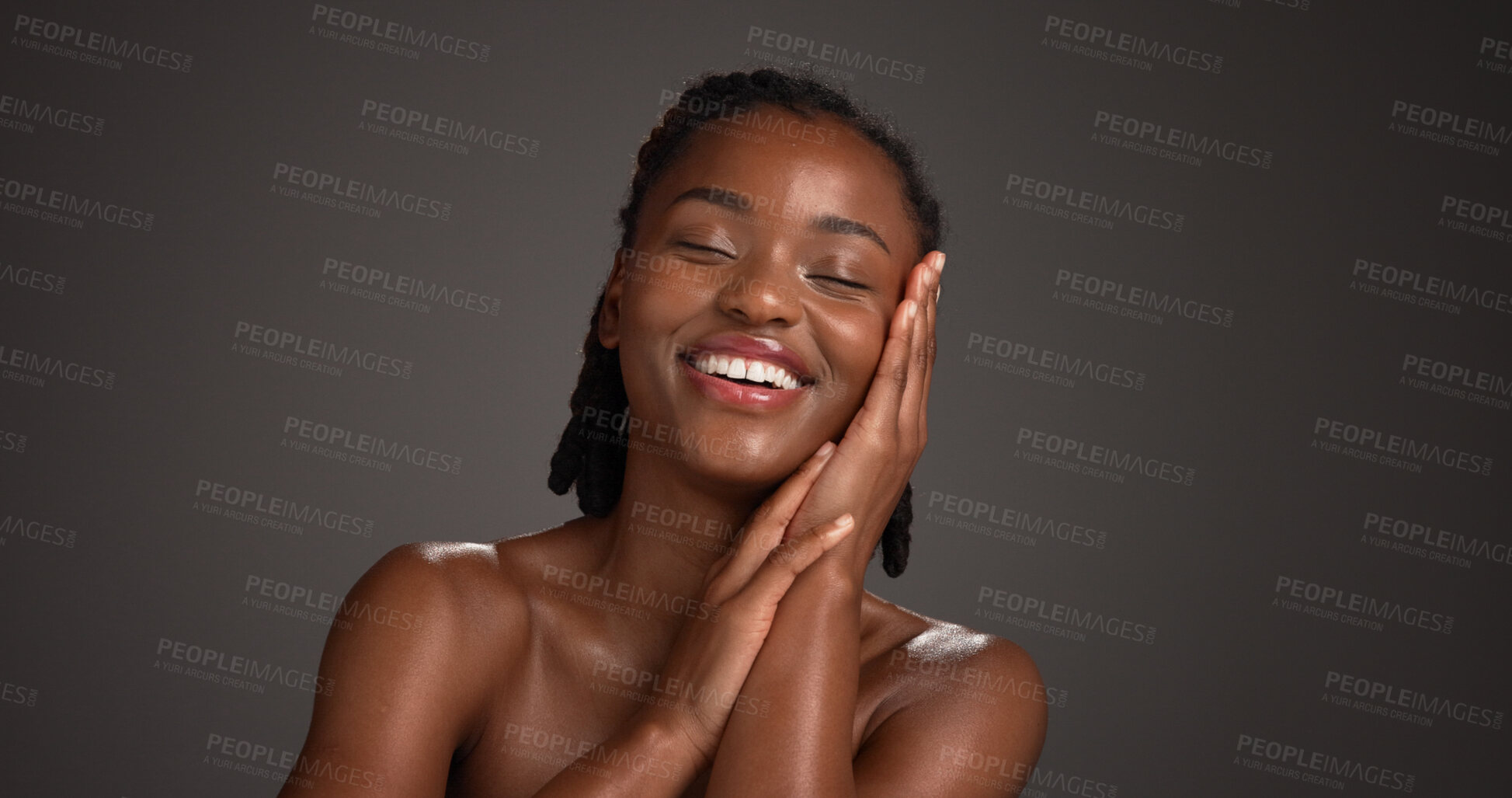 Buy stock photo Skincare, happy and black woman in studio with space for natural, wellness and facial glow. Smile, cosmetic and African person with dermatology for health, hydration or collagen by gray background.