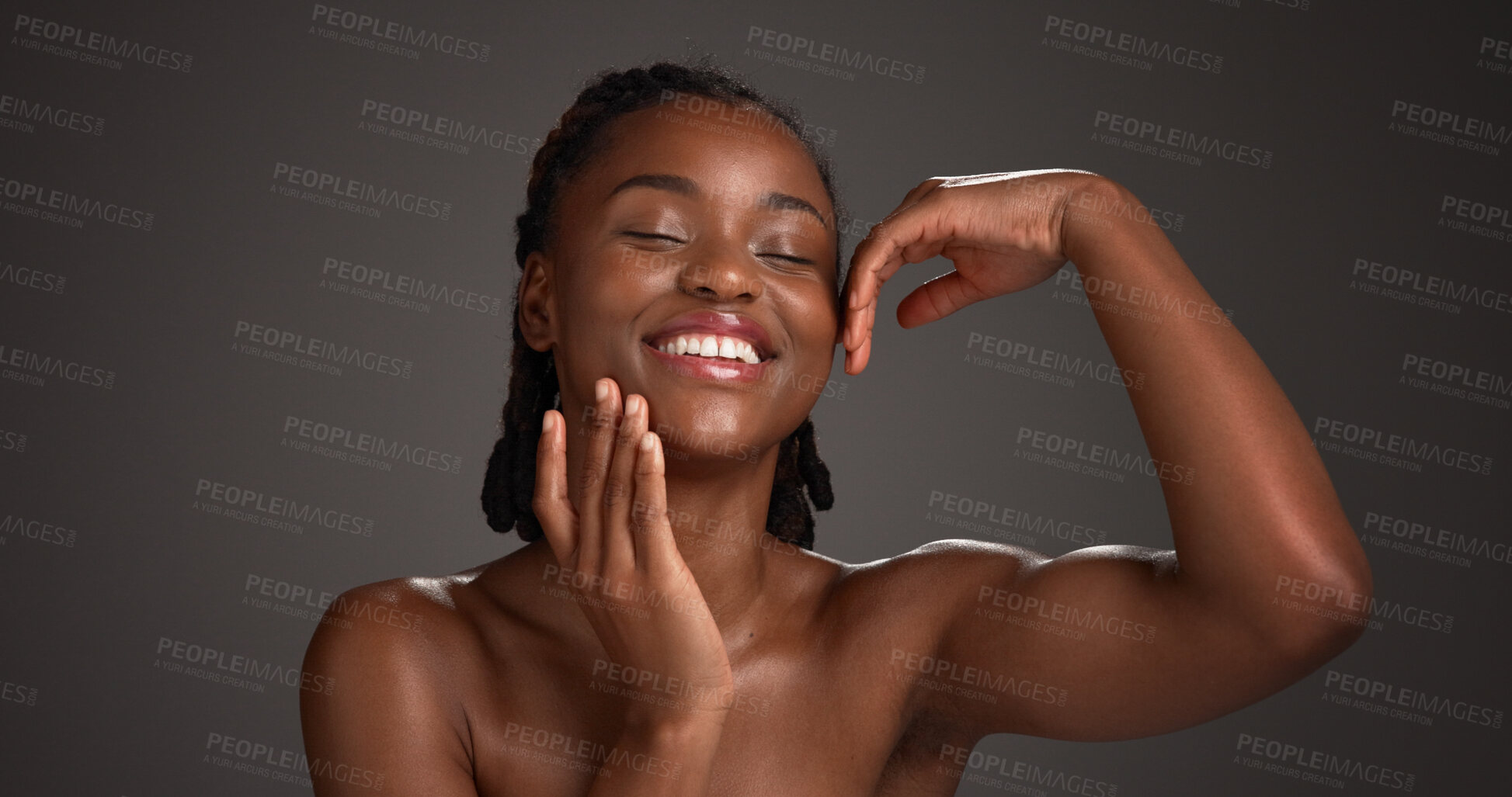 Buy stock photo Skincare, happy and black woman with hands in studio for hydration, wellness and natural beauty. Space, dermatology and person with touch, smile and aesthetic for healthy skin on dark background