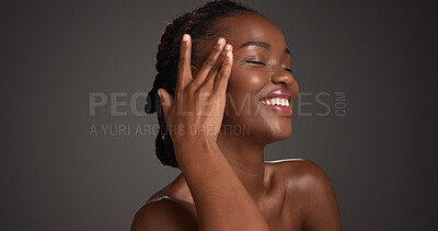 Buy stock photo Confident, woman and skincare for glow, studio and natural cosmetics for healthy skin and self care. Mockup space, black person and bodycare with dermatology, gray background and happy for hydration