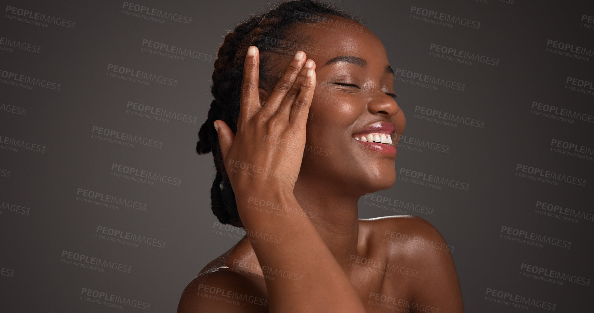 Buy stock photo Confident, woman and skincare for glow, studio and natural cosmetics for healthy skin and self care. Mockup space, black person and bodycare with dermatology, gray background and happy for hydration