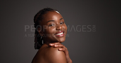 Buy stock photo Portrait, laugh and woman with glow, skincare and natural cosmetics for healthy skin or mockup space. Gray background, happy black person and shine with dermatology, self care and studio in Nigeria