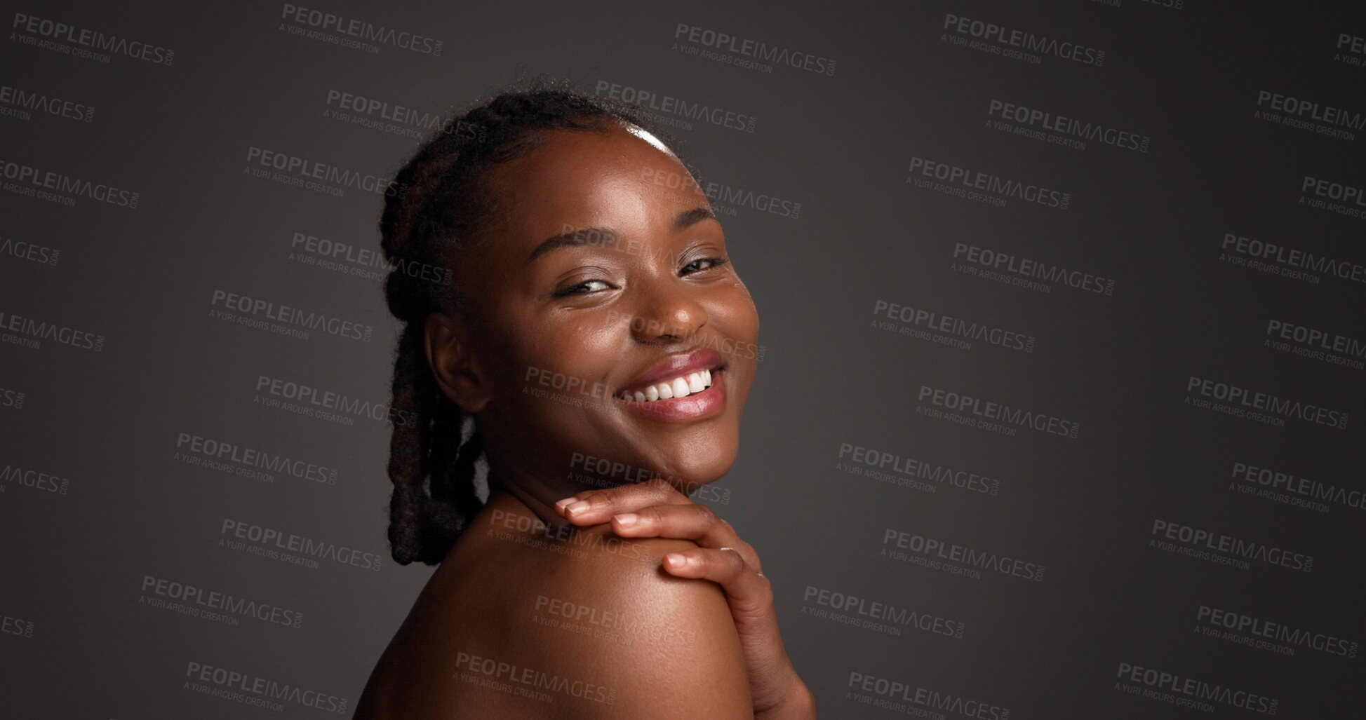 Buy stock photo Portrait, laugh and woman with glow, skincare and natural cosmetics for healthy skin or mockup space. Gray background, happy black person and shine with dermatology, self care and studio in Nigeria