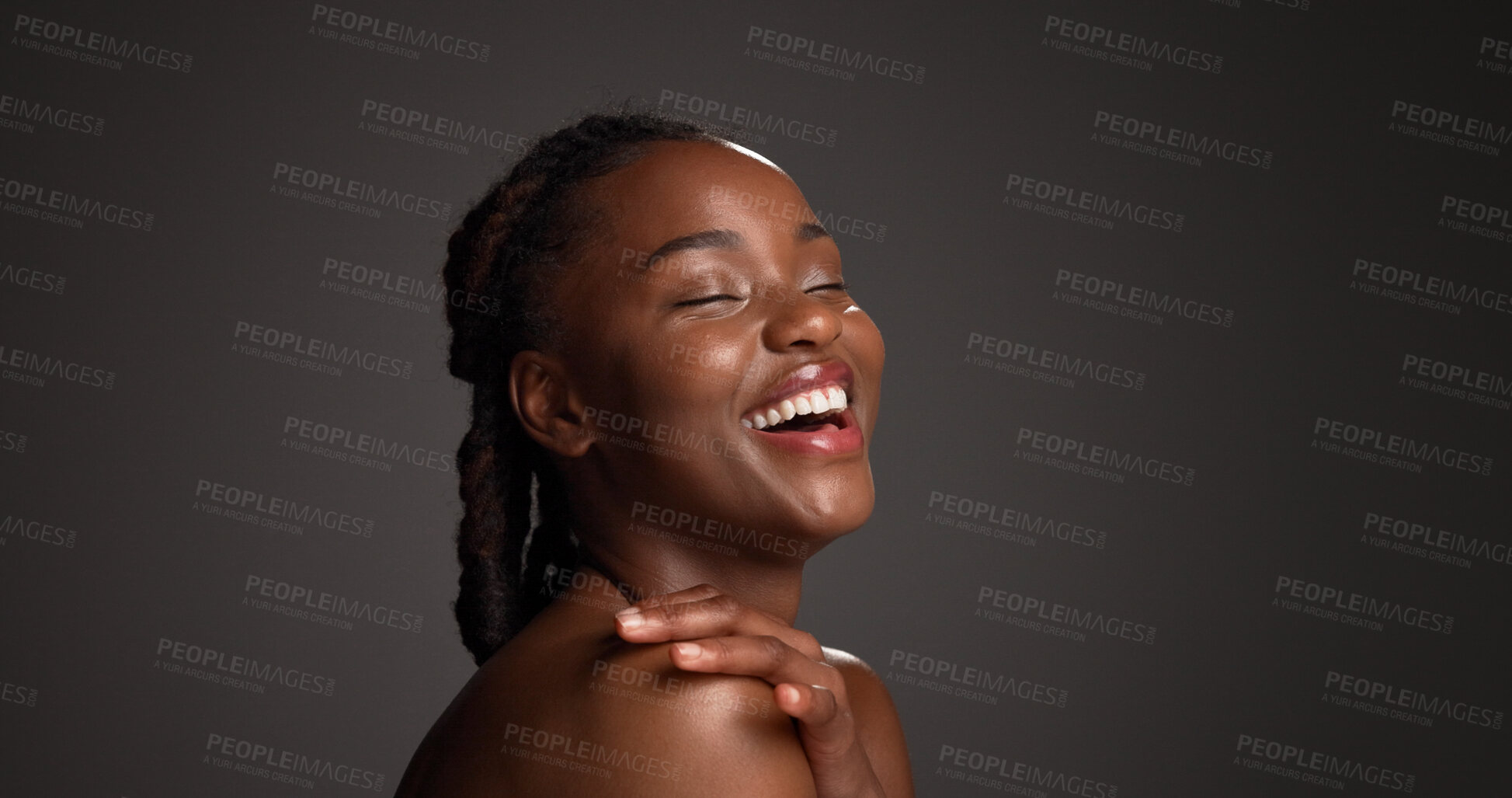 Buy stock photo Beauty, skincare or African woman laughing in studio, wellness shine or healthy glow for facial cosmetic. Self care, mockup space or person with dermatology, smile or flawless skin on dark background