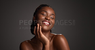 Buy stock photo Happy, woman and skincare for beauty, studio and natural cosmetics for healthy skin and dermatology. Mockup space, black person and self care with moisturizer, smile and confident for hydration