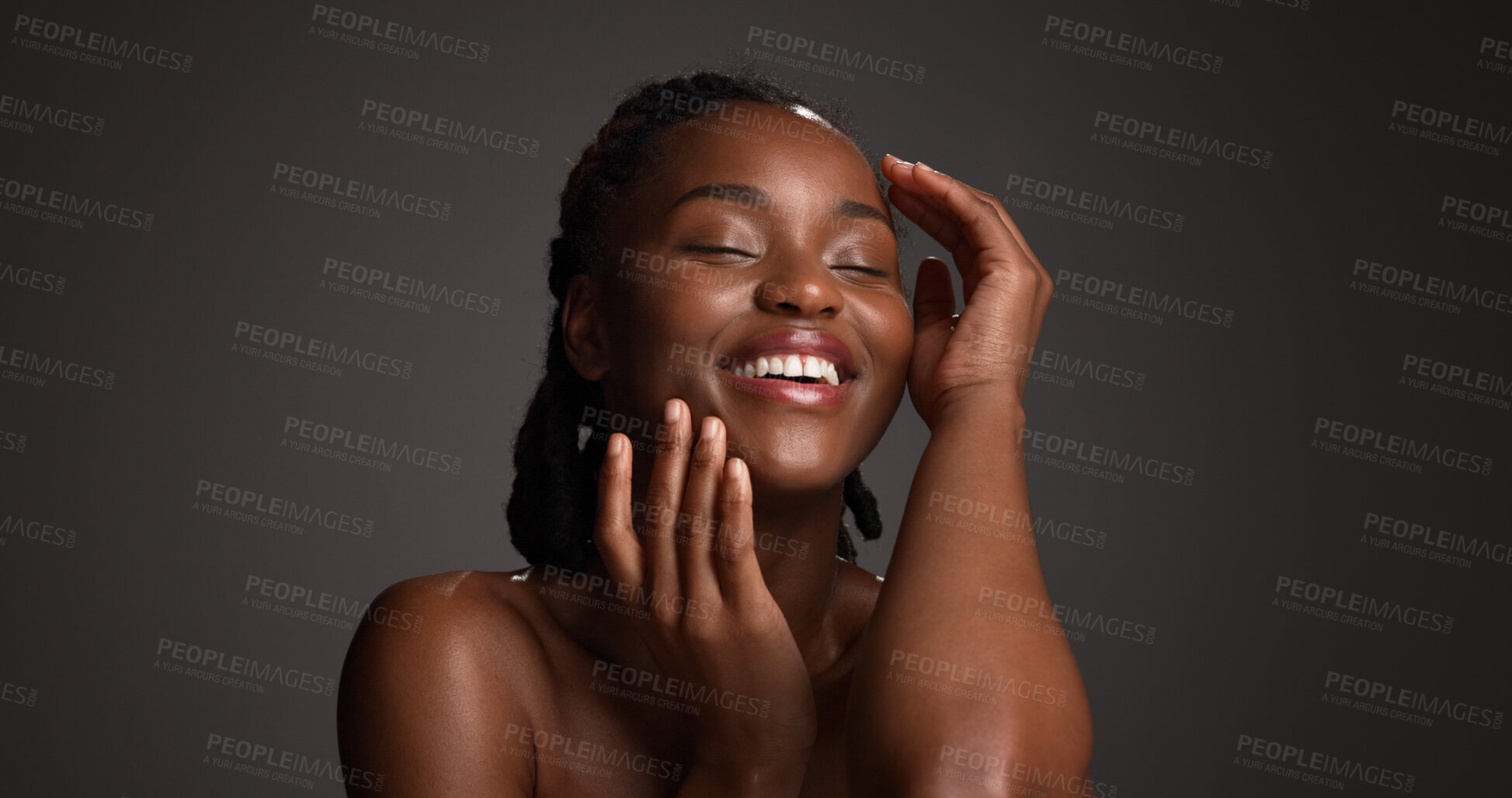 Buy stock photo Beauty, skincare and black woman in studio, wellness shine and natural glow for facial aesthetic. Self care, dermatology and person touch healthy skin, space and soft texture on dark background
