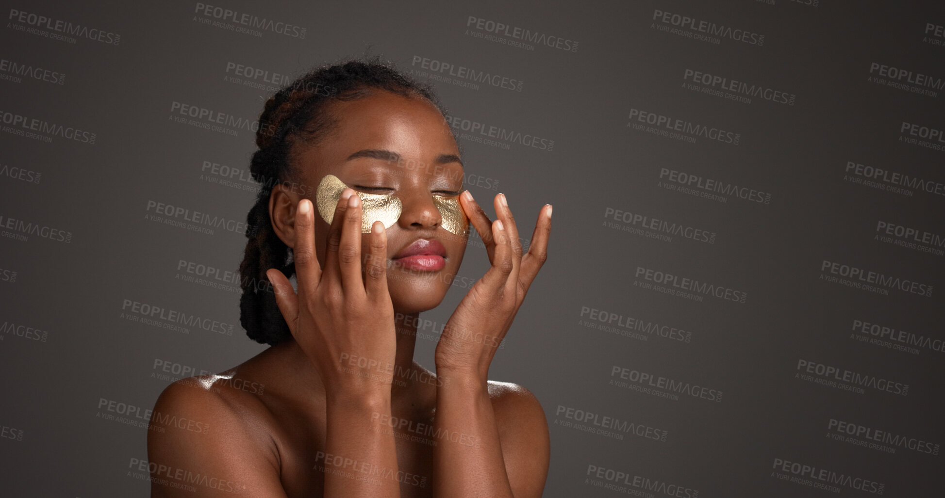 Buy stock photo Space, skincare and black woman in studio with eye mask for anti aging, dark circles and wellness. Mockup, dermatology and person with patches for circulation, hydration and beauty on gray background