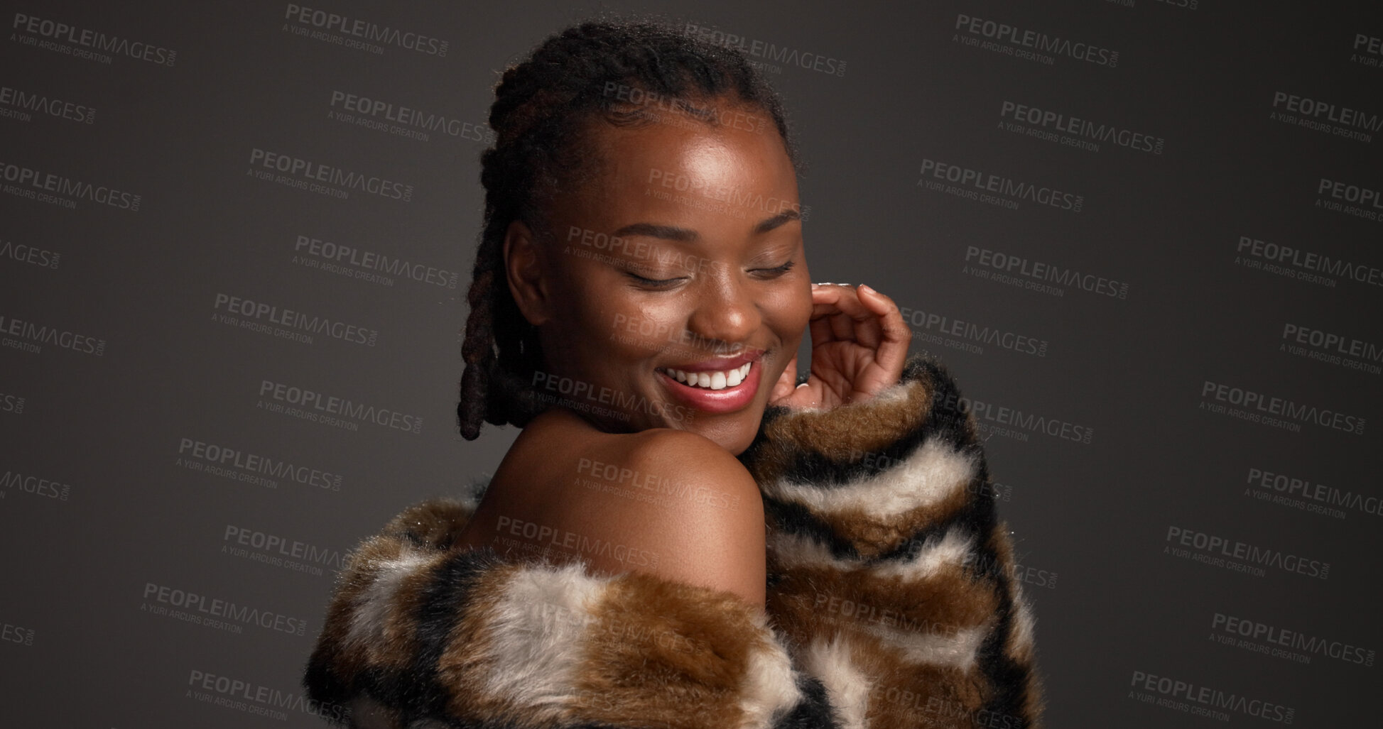 Buy stock photo Makeup, beauty and happy black woman in studio with glow, self care and glamour with cosmetology. Luxury, cosmetics and model with fur coat for aesthetic, makeover and shine on dark background space