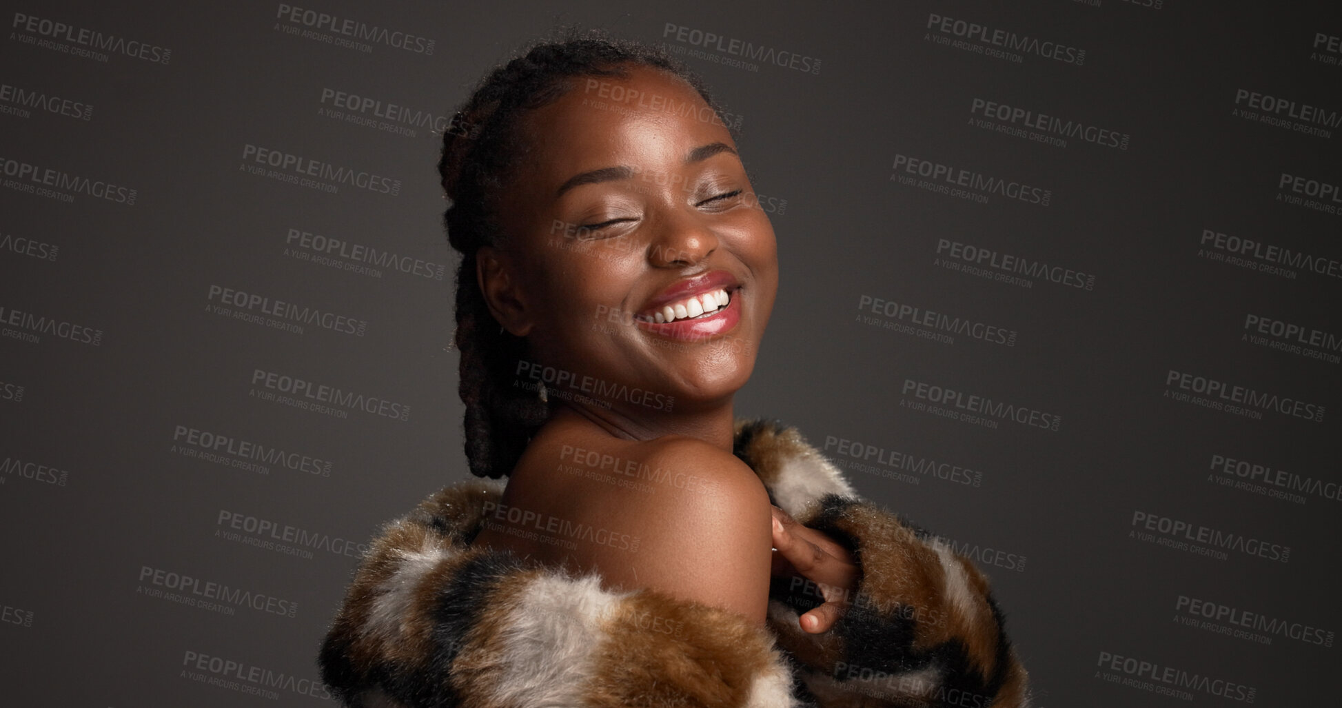 Buy stock photo Beauty, makeup and pride with black woman in studio for aesthetic, cosmetics or fashion. Fur coat, glamor and space with smile of African model isolated on gray background for  luxury makeover