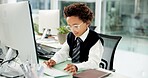 Computer, business and kid typing in office for financial report, cosplay and costume. Desktop, child and African boy in workplace for investment review, research online and dress up for pretend