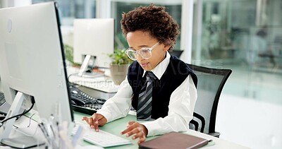 Buy stock photo Computer, business and kid typing in office for financial report, cosplay and costume. Desktop, child and African boy in workplace for investment review, research online and dress up for pretend