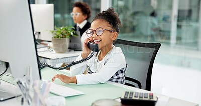 Buy stock photo Business, phone call and thinking with girl child in coworking office for cosplay or dress up. Computer, costume or work experience and happy kid with telephone at desk for conversation or feedback