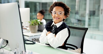 Buy stock photo Arms crossed, business and portrait of boy child in coworking office for cosplay or dress up. Computer, costume and work experience with smile of happy kid at workplace desk for development or future