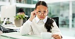 Portrait, glasses and child with coffee cup in office, business professional cosplay and corporate career. Recruitment, eyewear and serious girl with hr consultant costume, job opportunity and mug