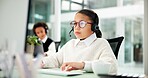 Reading, call center or child in office with headset, business dress up or consultant in customer service. Telecom, coworking or kid in agency with desktop, cosplay or support in client assistance.