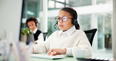 Buy stock photo Reading, call center or child in office with headset, business dress up or consultant in customer service. Telecom, coworking or kid in agency with desktop, cosplay or support in client assistance.