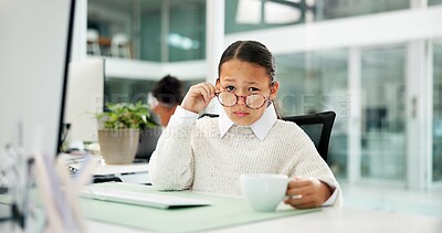 Buy stock photo Business, coffee and portrait of girl child in coworking office for attitude, cosplay or dress up. Costume, work experience and question with kid drinking beverage at workplace desk for break