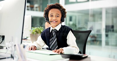 Buy stock photo Portrait, computer or boy with headset in office, business professional cosplay or customer care career. Typing, tech support dressup or child with virtual assistant costume, hotline agent and kids