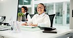 Portrait, computer or child with headset in office, business professional cosplay or customer care career. Typing, tech support dressup or girl with virtual assistant costume, hotline agent and kids