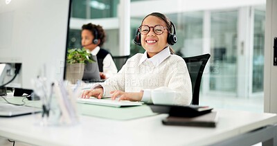 Buy stock photo Portrait, computer or child with headset in office, business professional cosplay or customer care. Pretend typing, tech support dressup or girl with virtual assistant costume, hotline agent and kids