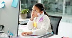 Sticky notes, business child and tired at computer for payroll deadline, risk assessment or pretend. Role play, girl accountant and bored in office for auditing crisis, bookkeeping burnout or fatigue
