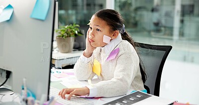 Buy stock photo Sticky notes, business child and tired at computer for payroll deadline, risk assessment or pretend. Role play, girl accountant and bored in office for auditing crisis, bookkeeping burnout or fatigue