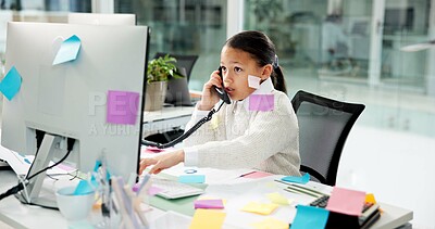 Buy stock photo Busy, child and computer in office, phone call or multitasking fake employee with telephone for chat. Administration, chaos and role play with tech for communication, pretend and girl for deadline