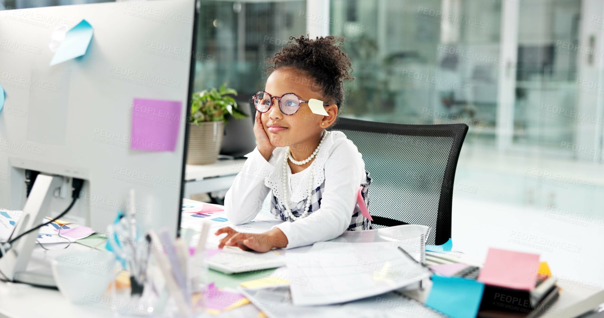 Buy stock photo Business, computer and sticky notes with girl child in office for costume, dress up or typing. Cosplay, pc and work experience with kid at desk in workplace for planning, productivity or research