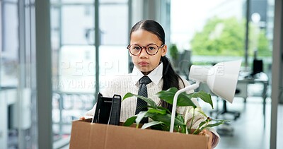 Buy stock photo Fired, business and portrait of child with box for work dismissal, termination and pretend job loss. Unemployed, kid and role play with cardboard, end of contract and recession notice for bankruptcy