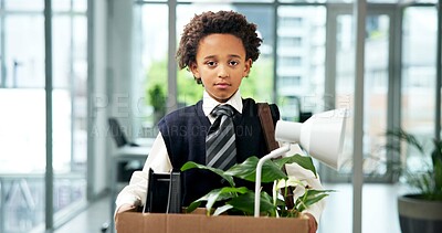 Buy stock photo Box, portrait and job loss with boy child in office for retrenchment cosplay or dress up. Business, fired and unemployment with unhappy kid in costume for  dismissal, fail or recession at work