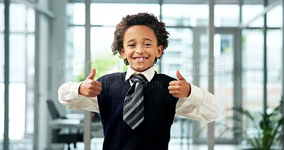 Buy stock photo Business, portrait or child with thumbs up in office for hiring success, role play or job feedback. HR manager, african person or happy with yes sign for pretend performance review or vacancy support