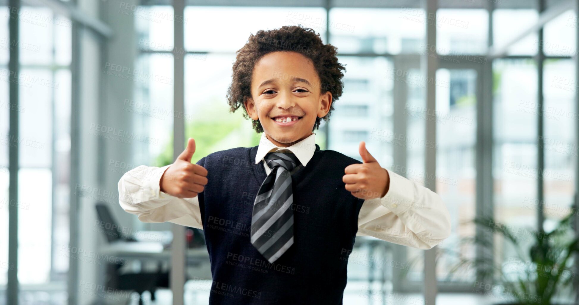 Buy stock photo Business, portrait or child with thumbs up in office for hiring success, role play or job feedback. HR manager, african person or happy with yes sign for pretend performance review or vacancy support