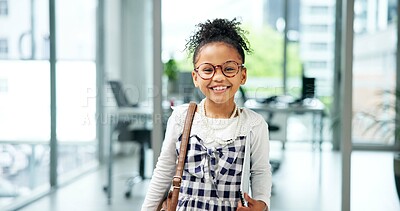 Buy stock photo Portrait, child or business in office with smile for professional paperwork, accounting job or costume. Happy, girl or proud kid in firm with document for auditing career, work role play and pretend.